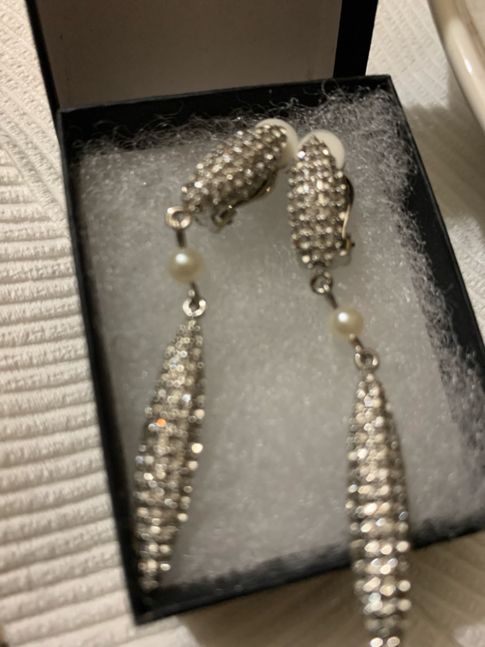 Vintage Silver Crystal Tear Drop Earrings with Pearl Accent - Women Jewelry
